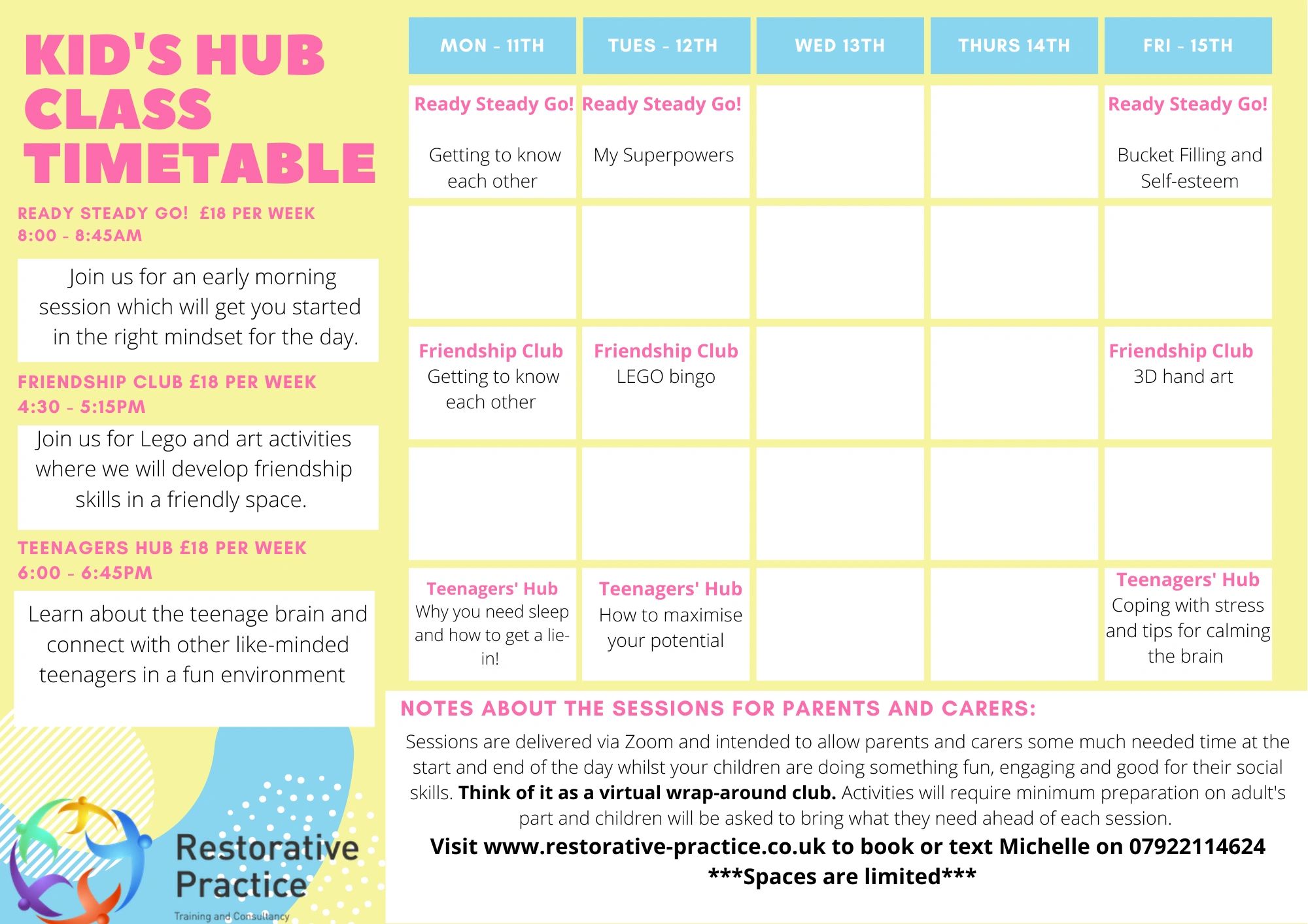 Kid's Hub class timetable with morning and afternoon sessions for different age groups.