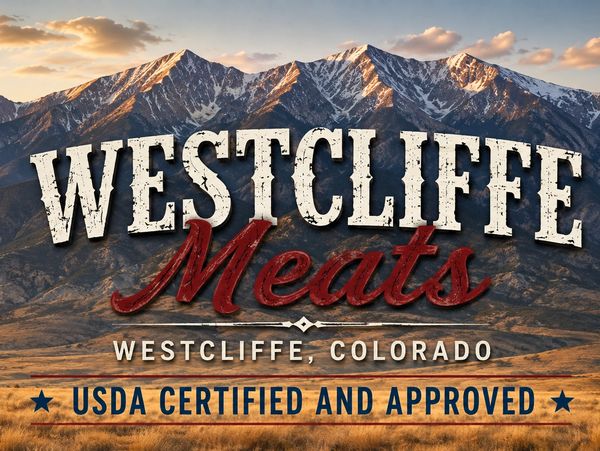 Logo for Westcliffe Meats in Colorado with mountain background.