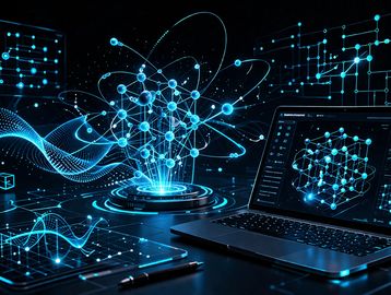 Futuristic digital data visualization with laptop and network nodes.