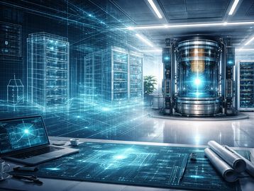 Futuristic digital workspace with holographic blueprints and advanced technology.