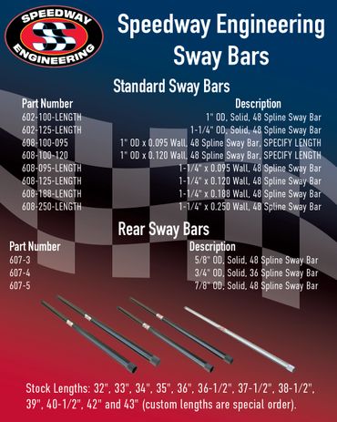 Speedway Engineering Sway Bars with various part numbers and descriptions for standard and rear bars.