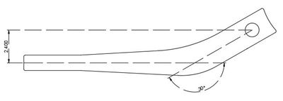 Technical drawing of a curved lever with dimensions and a 30° angle.
