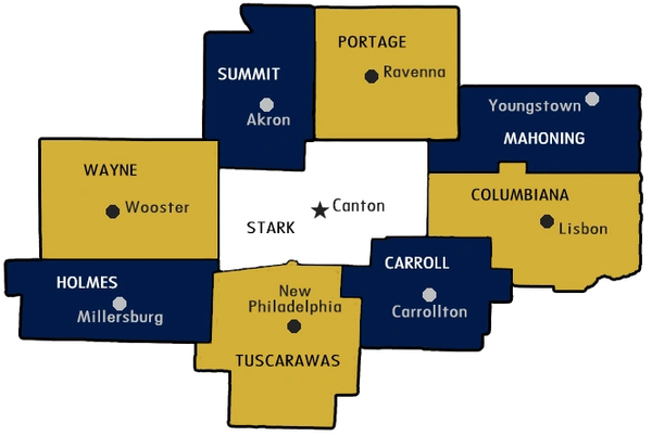 Map showing Stark County and its surrounding counties in Ohio.