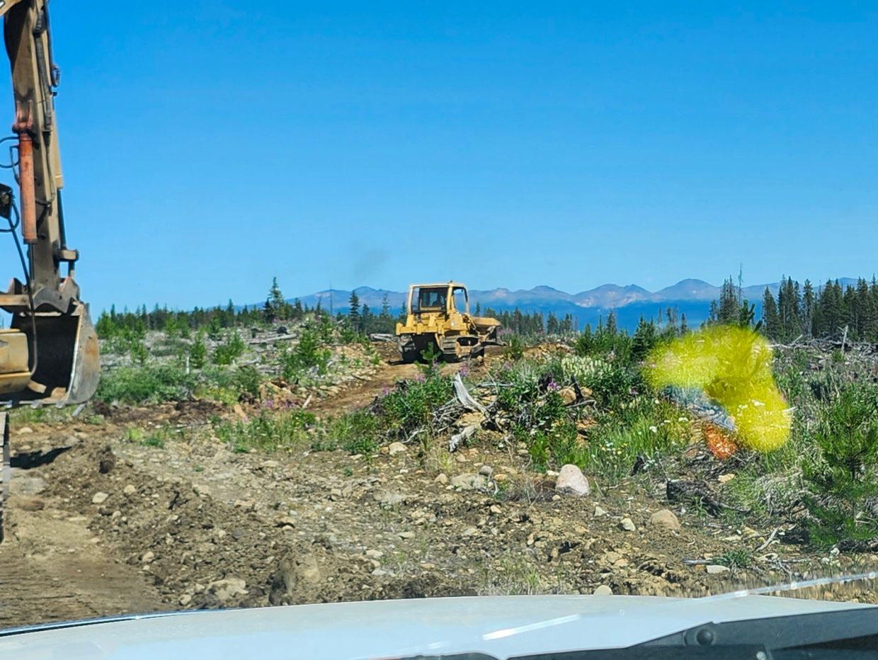 Construction vehicles working on a rugged dirt road in a forested area with mountains in the background.