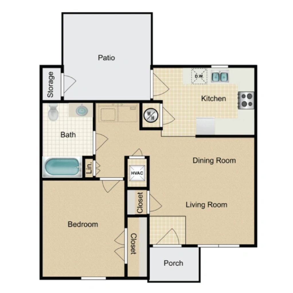 One-bedroom apartment floor plan with patio, kitchen, dining, and living areas.