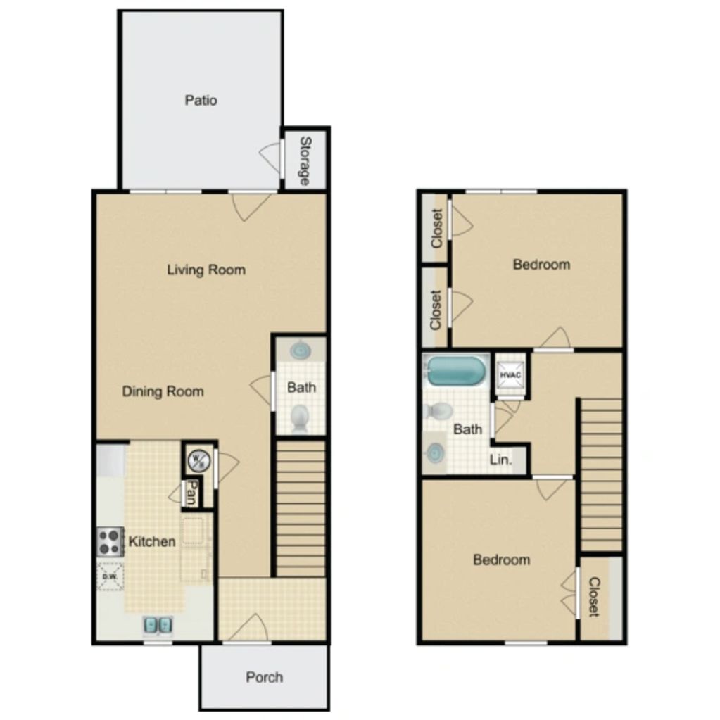 Two-story floor plan with living, dining, kitchen, and bedrooms.