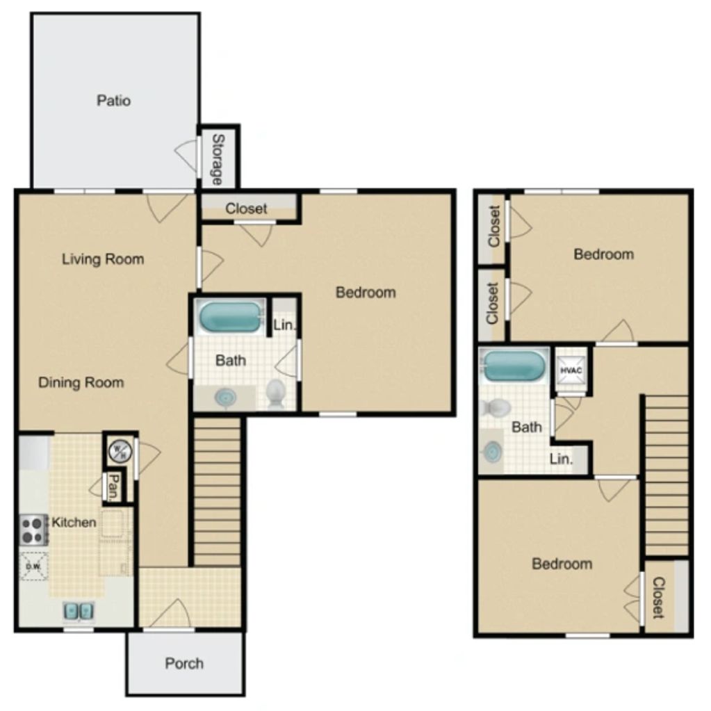 Two-story house floor plan with three bedrooms, two bathrooms, and living areas.