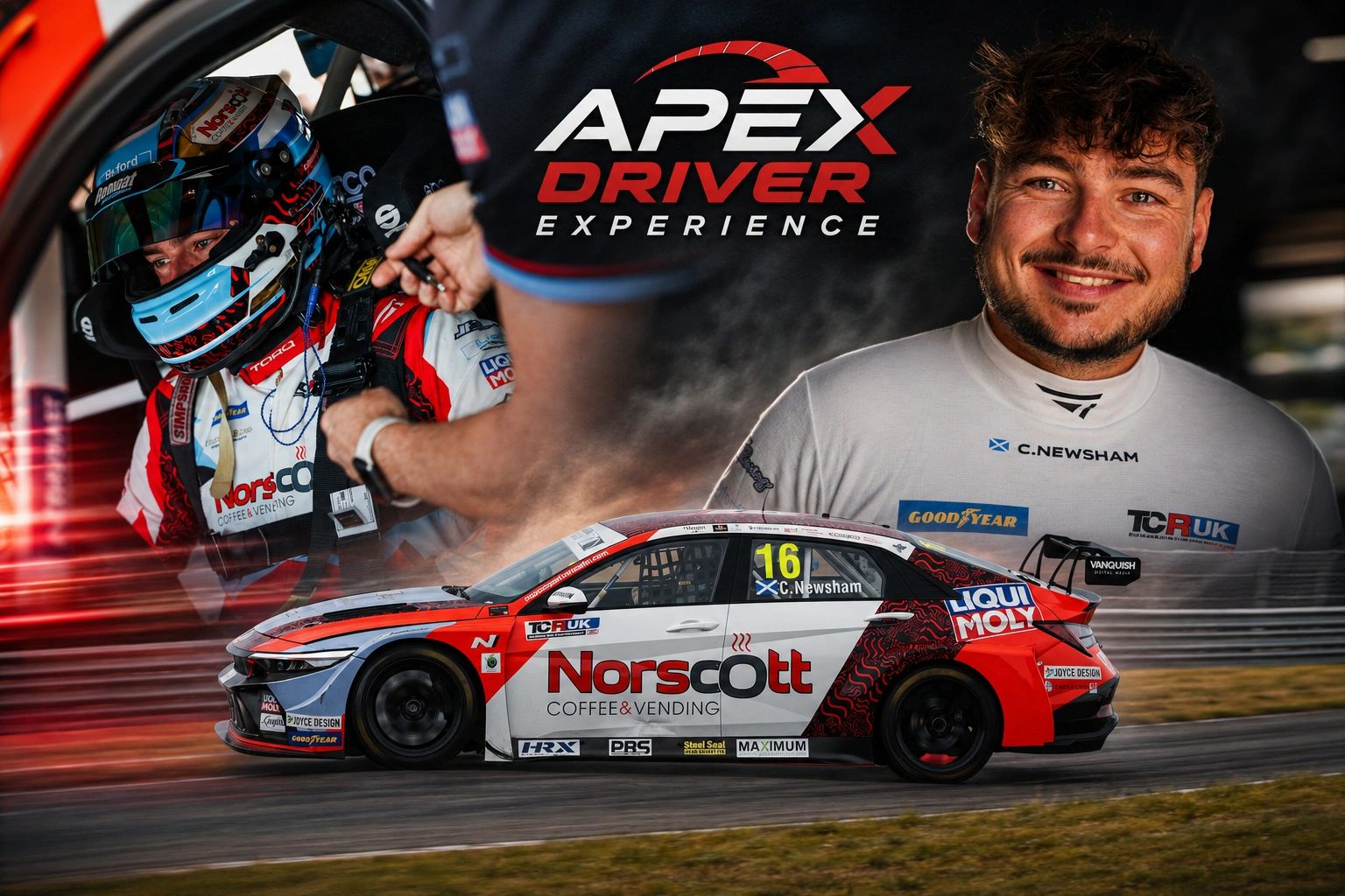 Race car, driver, and company logo montage.