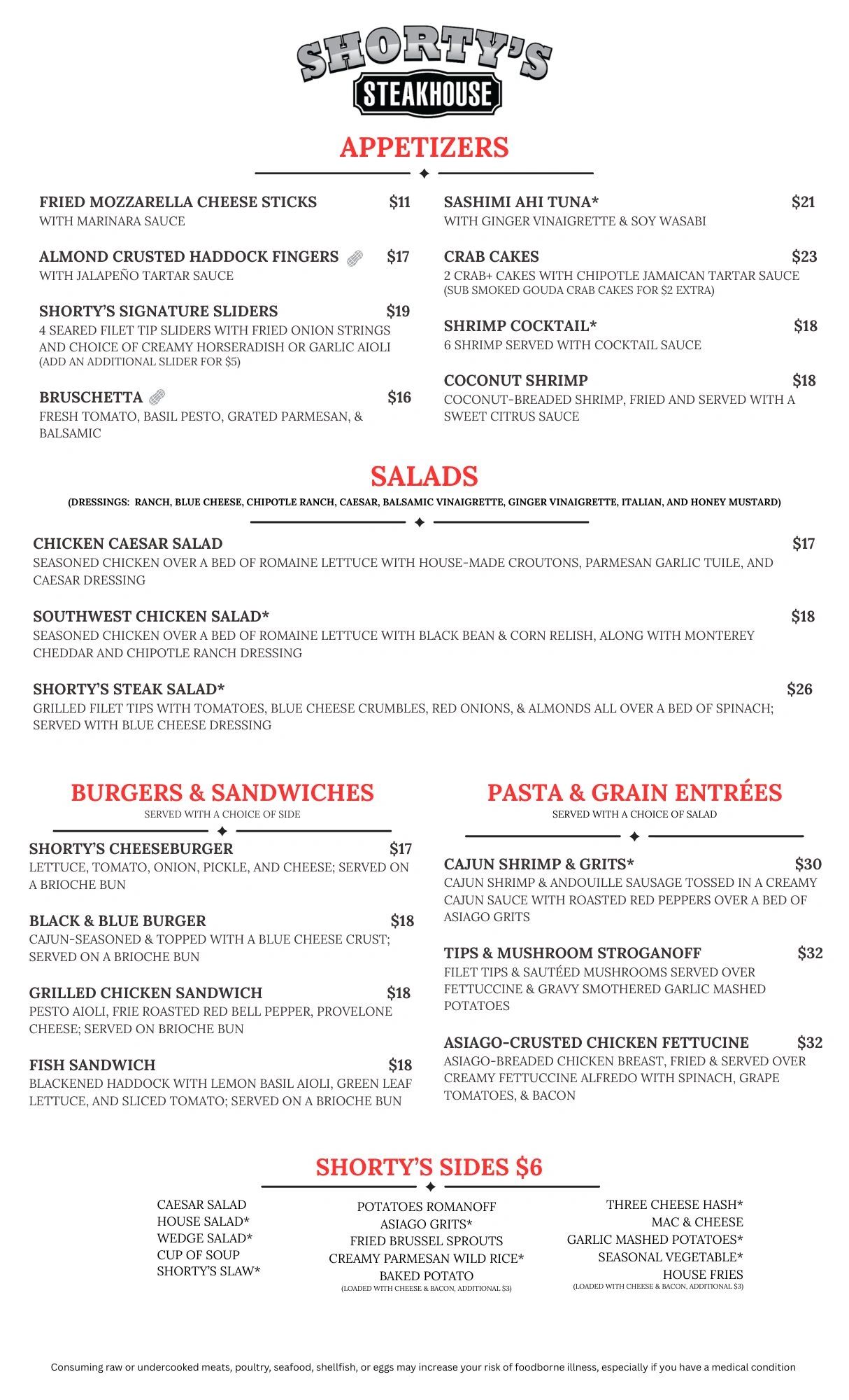 Shorty's Steakhouse menu featuring appetizers, salads, burgers, pasta, and sides.