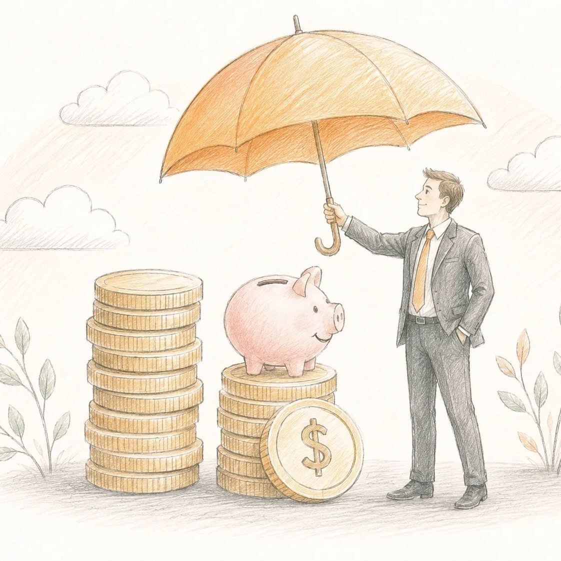 Businessman protecting piggy bank and coins with an umbrella.