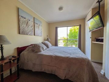 Cozy bedroom with a large bed, soft lighting, and a window overlooking green trees.