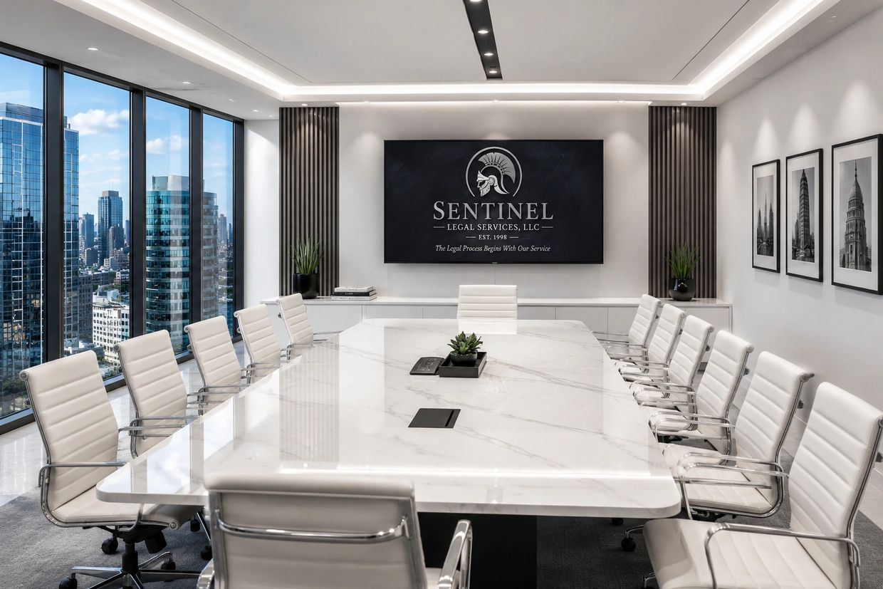 Modern conference room with white chairs and city skyline views.