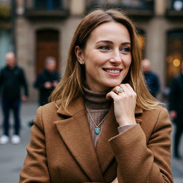 aquamarine rough cut handmade silver ring and pendant jewelry on a beautiful polish woman with blue