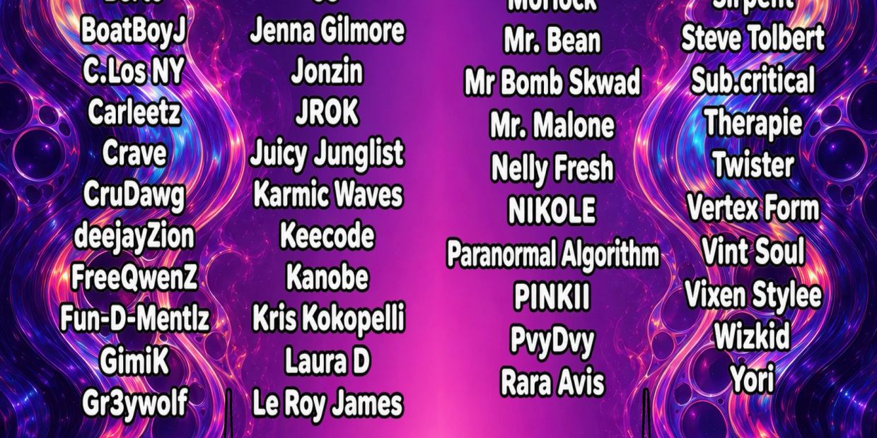 List of names in four columns on a vibrant purple and blue abstract background.