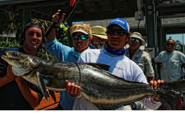 guys holding cobia they caught on a deep sea fishing trip