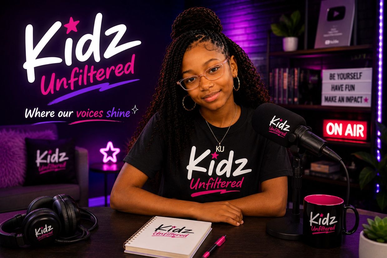 A young girl hosting Kidz Unfiltered podcast in a vibrant studio.