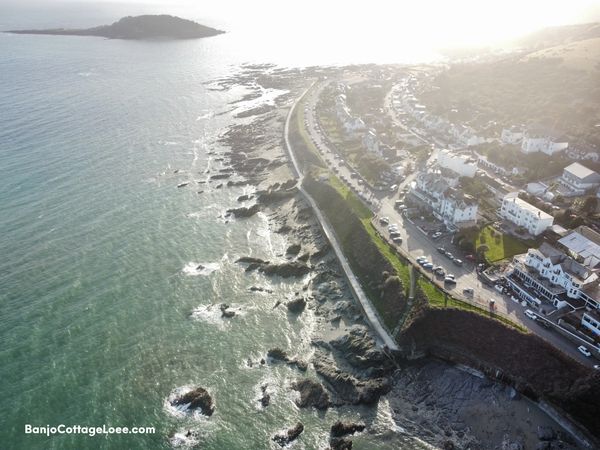 Aerial view of Hannafore beach with Looe Island in the background