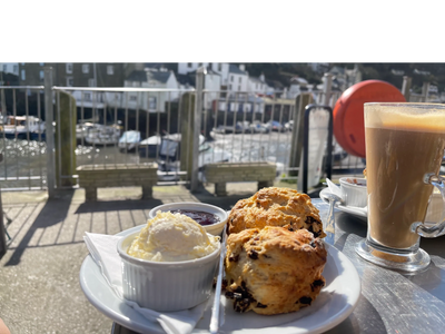 Cream tea and coffee looking out towards the harbour