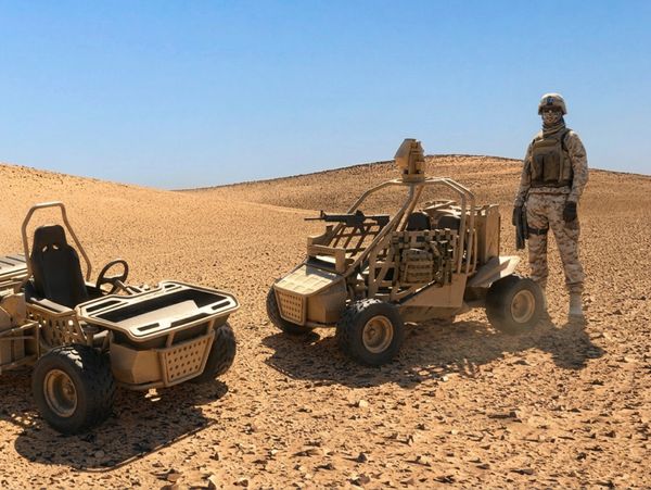 Desert scene with two military vehicles and a soldier in camouflage.