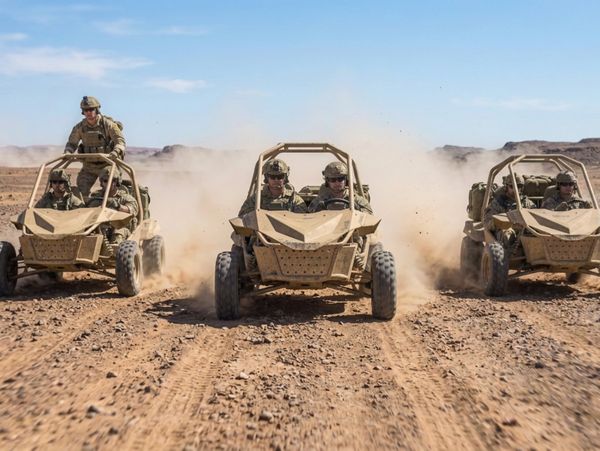 Soldiers riding military dune buggies in desert.