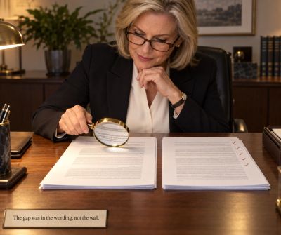 Woman using magnifying glass to find a gap in wording