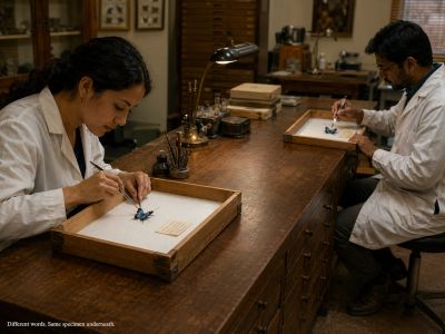 Two curators pin identical butterflies, working separately
