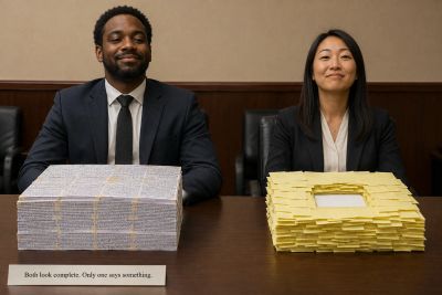 Two answer stacks, one covered notes, one blank