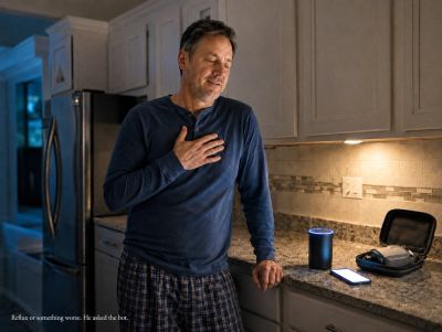 Man checks chest pain, smart speaker glowing nearby, cuff unused