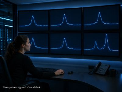 Six monitors show similar charts, one screen differs
