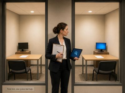 Two interview rooms, one has a lit monitor