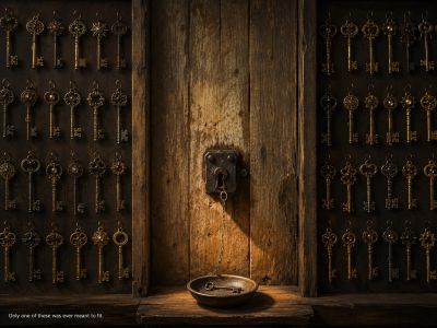 An old wooden cabinet filled with antique keys and a lock with a key hanging from it.