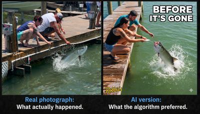 Real dock photo vs AI version of people feeding leaping tarpon