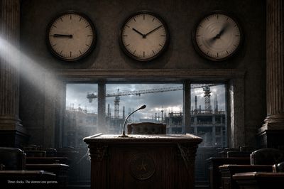 Three wall clocks above dusty podium, cranes through window