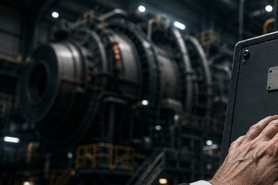 Hand on control panel near massive industrial turbine