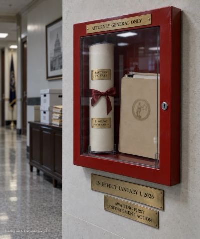 A glass case holds an unused million-dollar penalty statute.