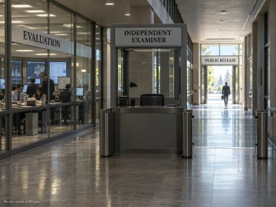 An empty examiner booth stands between evaluation and public release.