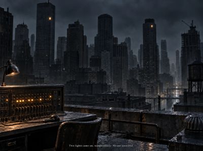 Two lit office windows in dark skyline, unanswered switchboard