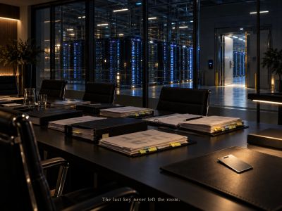 Open vault door beside boardroom table with files and phone