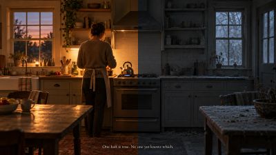 Same kitchen, split between a person present and absent