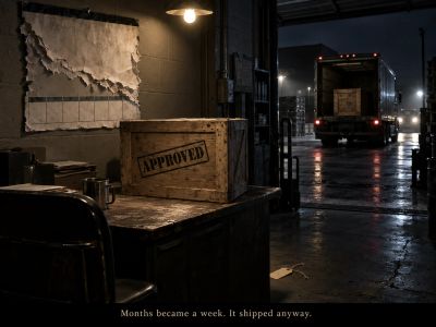 Torn calendar beside a sealed, stamped shipping crate at night