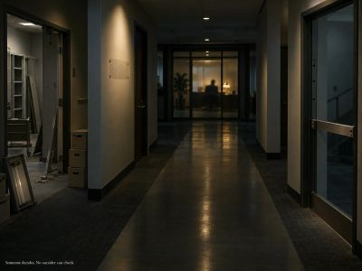 Empty hallway leading to a distant, unidentified seated figure