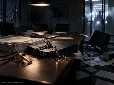 Boardroom table with bound documents, a whistle, and papers