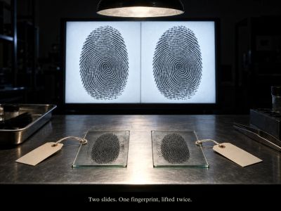 Two evidence slides showing the same fingerprint, magnified behind