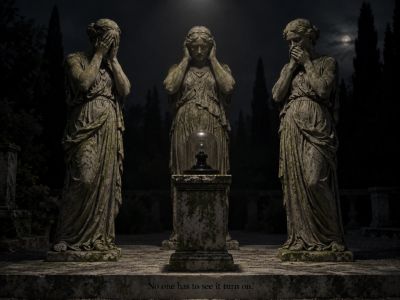 Three statues covering eyes, ears, mouth around a dark light