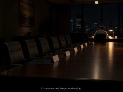Long table with four empty chairs and one person working