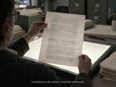 Editor holding printed page to light, revealing rougher draft beneath