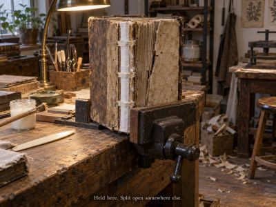 Repaired book spine in a vise, new crack opening nearby"