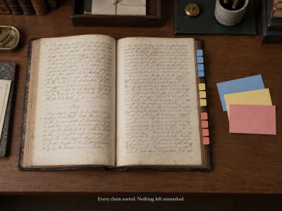 Manuscript page marked with three colors of sorting tabs"