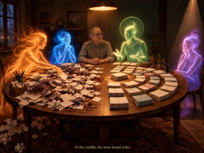 Human seated among glowing forms sorting chaos into order