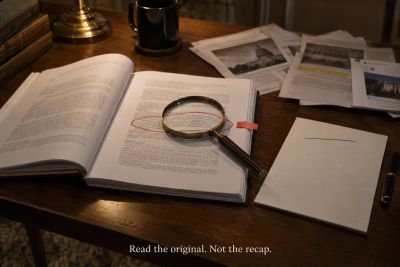 Original filing open and circled, summaries pushed aside